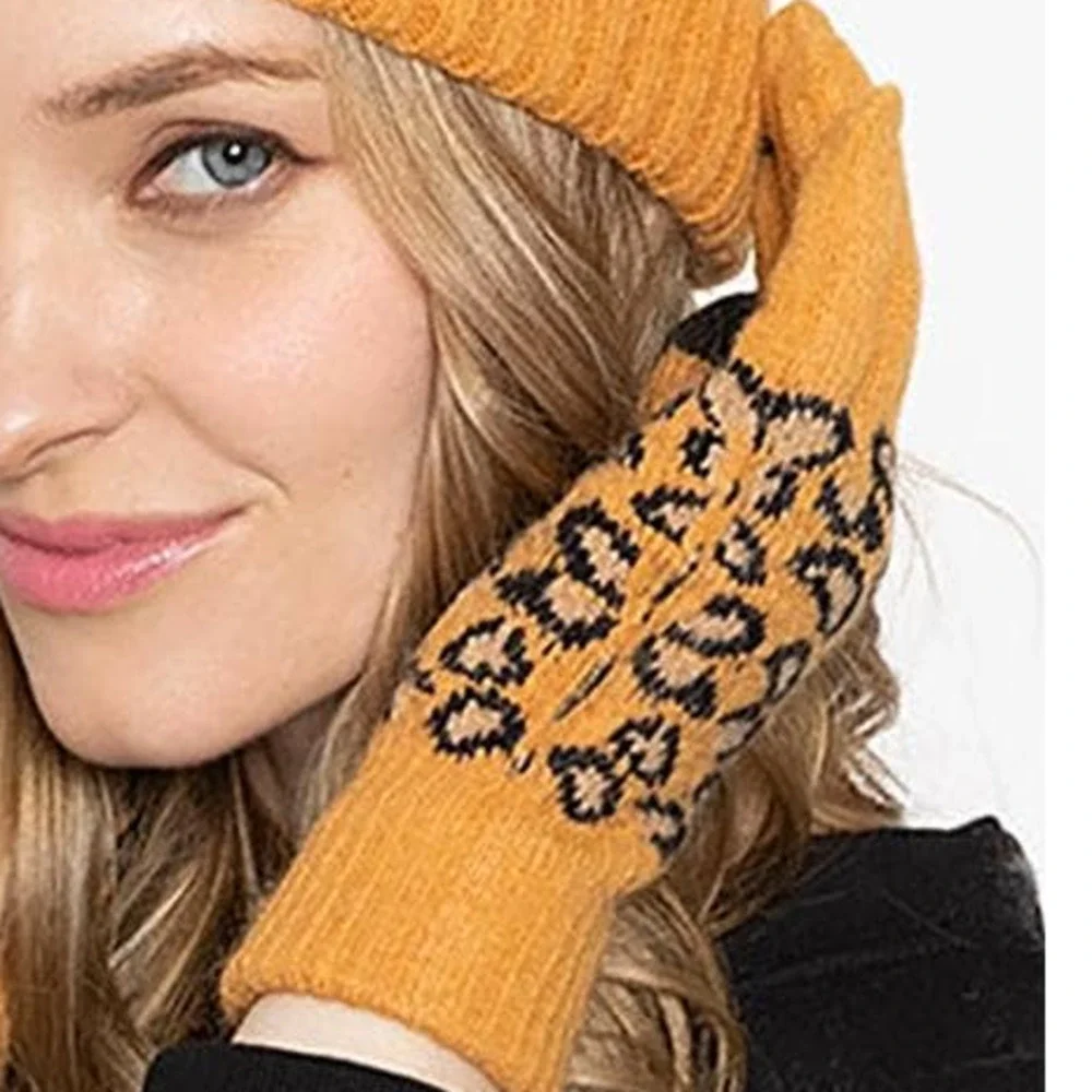 Mustard Black Leopard Print Knit Smart Touch Gloves